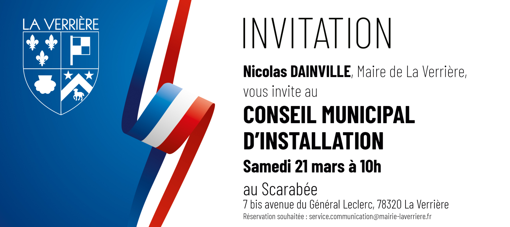 invitation au conseil municipal d'installation 21 mars 2026 10h au Scarabée