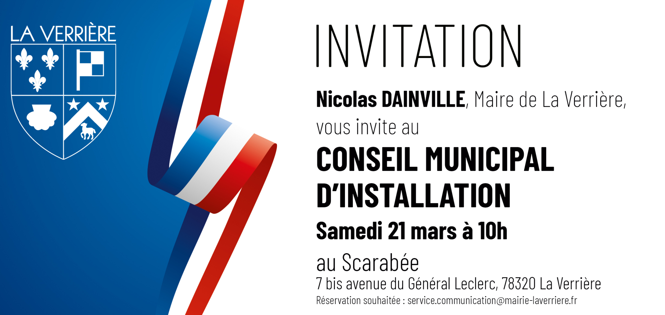 invitation au conseil municipal d'installation 21 mars 2026 10h au Scarabée