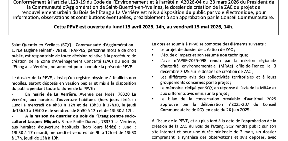 AVIS DE PARTICIPATION DU PUBLIC PAR VOIE ÉLECTRONIQUE BE 2026
